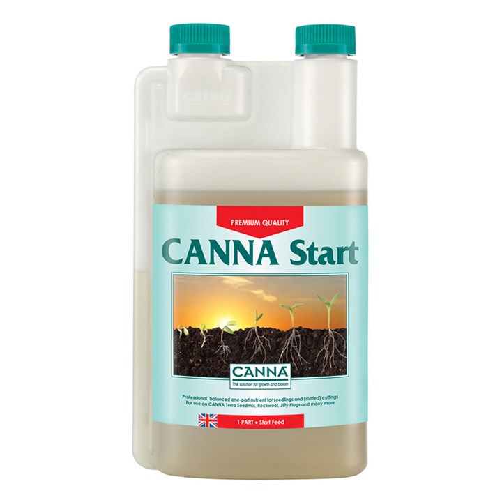 Light beige plastic nutrient bottle with green cap and Canna Start label