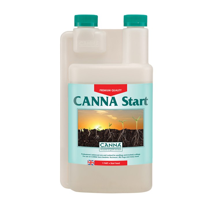 Light beige plastic nutrient jugs with green caps and Canna Start label