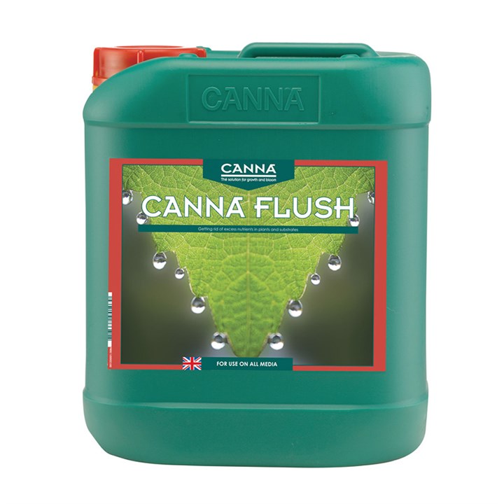 Canna Flush liquid canister, green plastic jug with red cap and Canna label