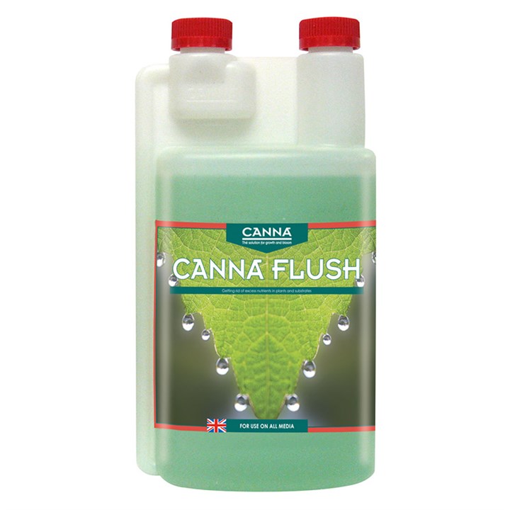 Liquid flush solution jug, translucent bottle with red cap and green Canna label