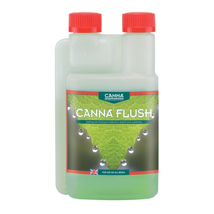 Liquid flush solution jug with Canna label, translucent bottle with two red caps