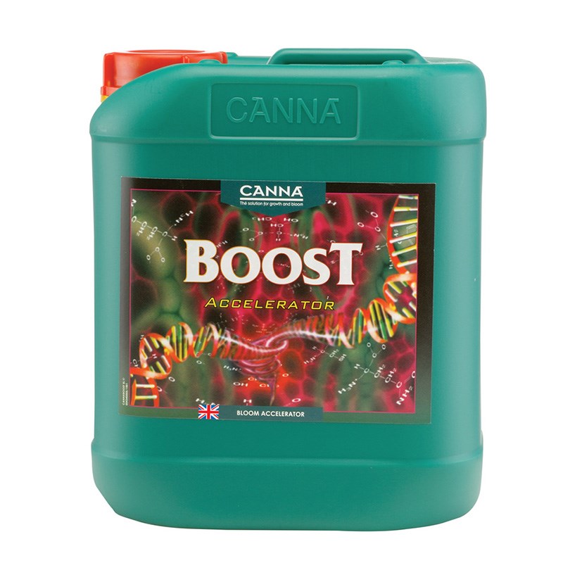 Canna Boost Accelerator large teal jug with orange-red cap, front label visible