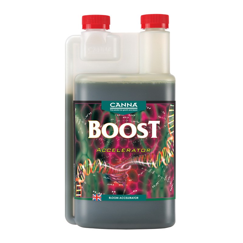 Canna Boost Accelerator bottle with red caps, frosted jug with green-tinted liquid