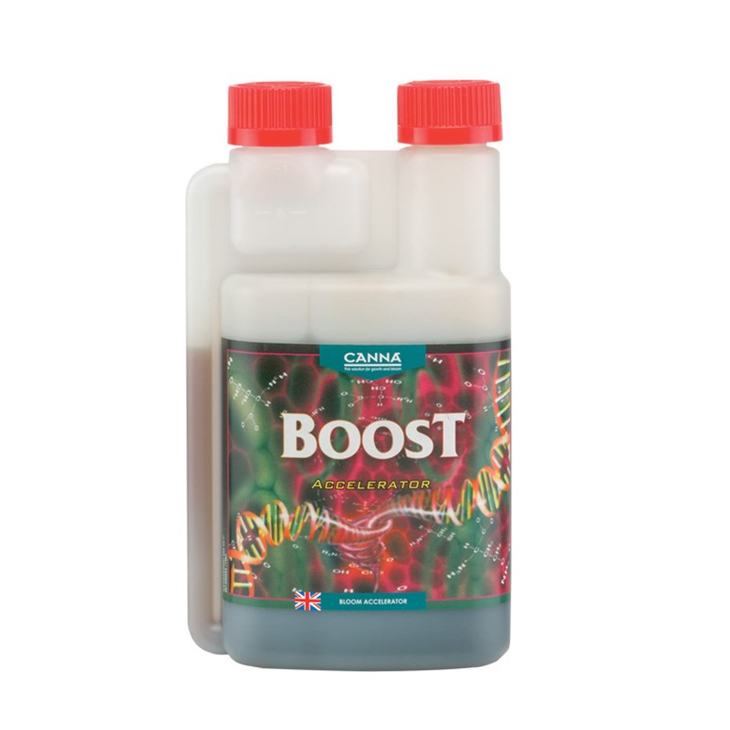 Canna Boost Accelerator nutrient bottle with red caps, frosted white jug