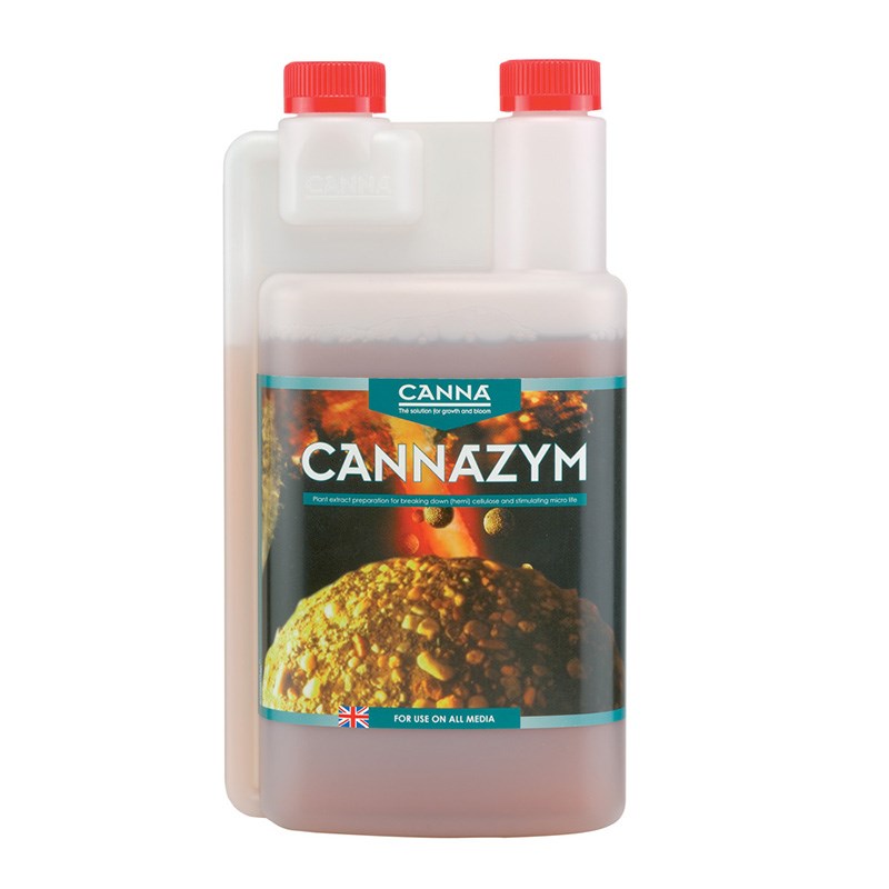 Cannazym bottle front view with two red caps, clear white plastic container