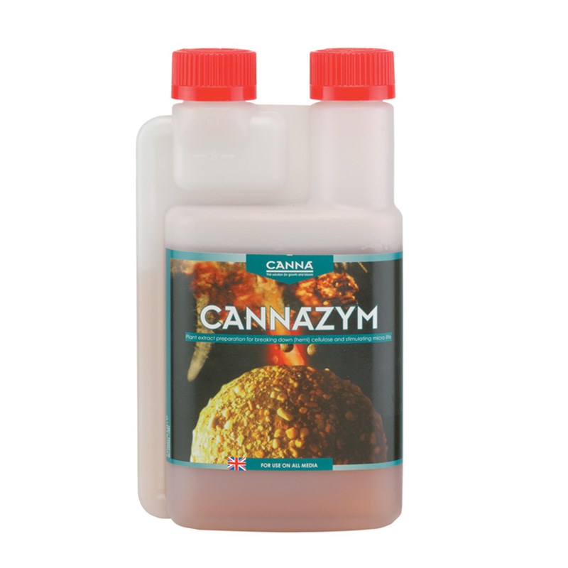 Cannazym bottle with red caps, clear white plastic, front product label