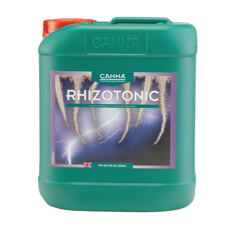Canna Rhizotonic teal plastic jugs with red cap, blue roots label