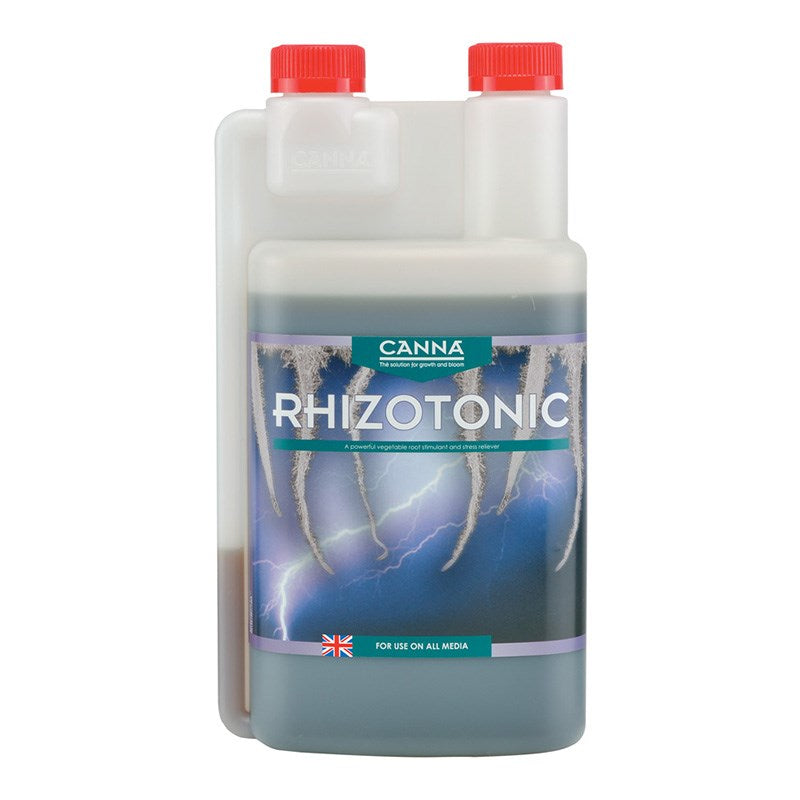 Canna Rhizotonic clear twin bottles with red caps, blue roots label front