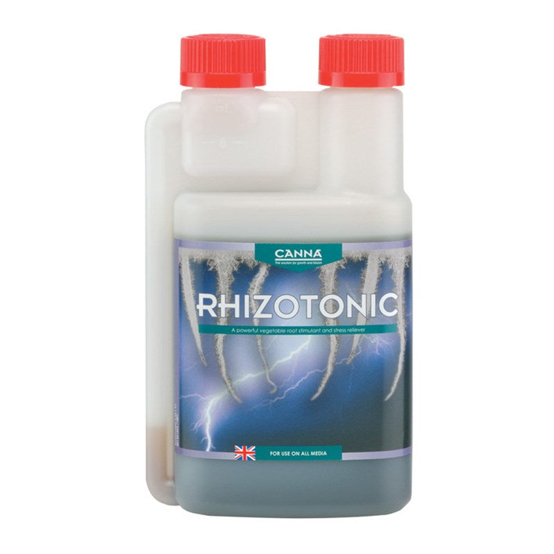 Canna Rhizotonic two clear plastic bottles with red caps and blue label