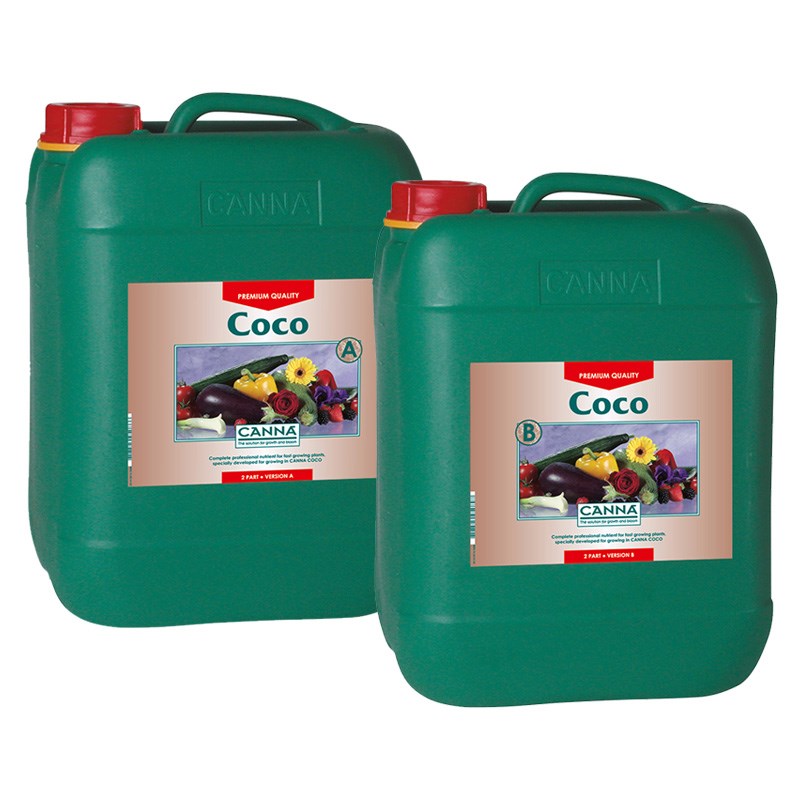 Two green plastic Coco A and B jerry cans, angled view with labels.