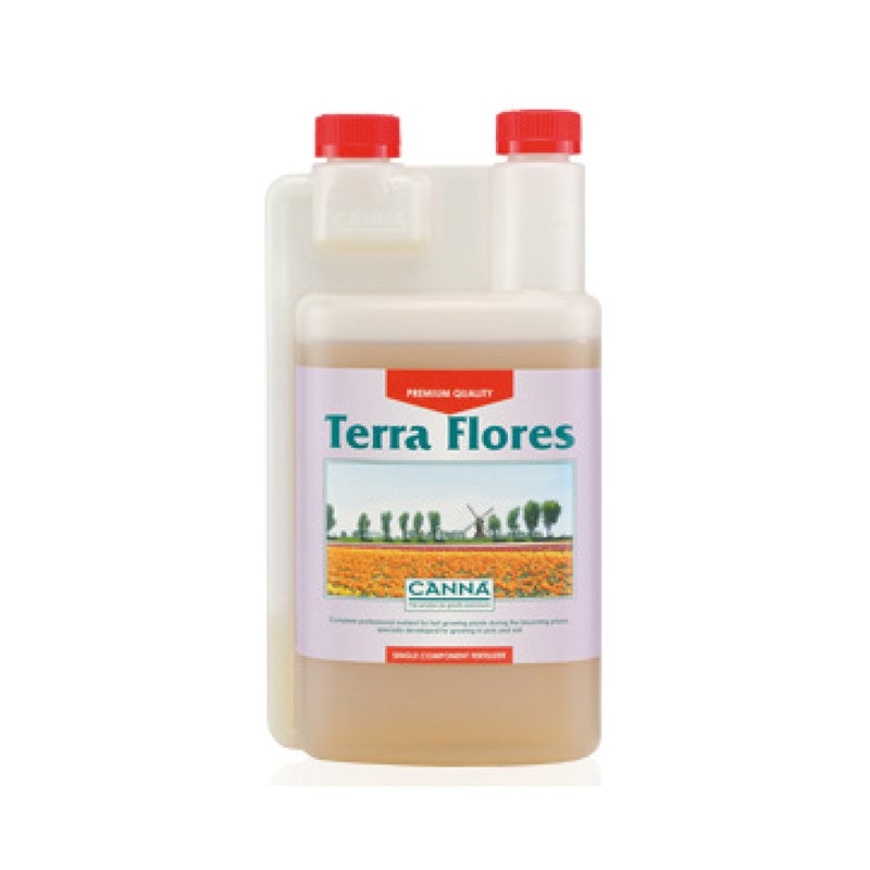 Canna Terra Flores plastic bottle with red caps and Terra Flores label