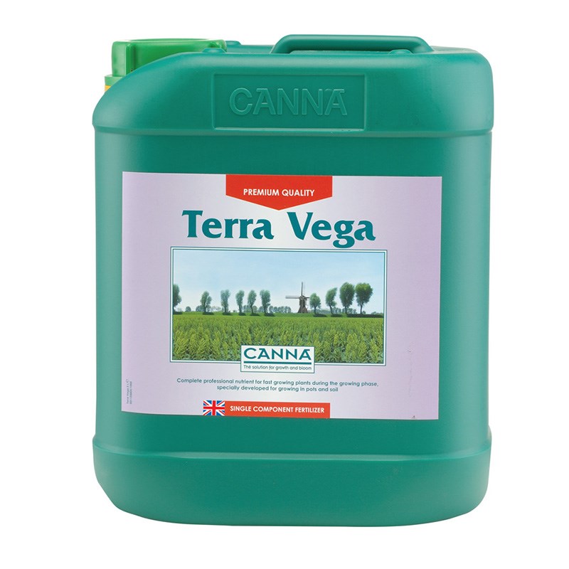 Fertilizer canister with handle and lid, green plastic with front label