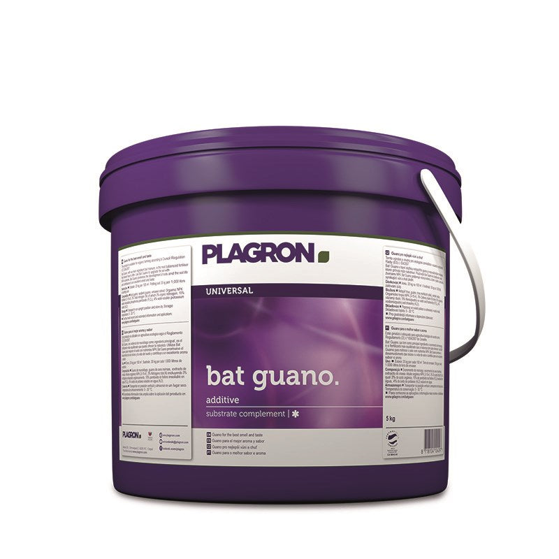 Purple plastic fertilizer tub with handle; white label reads bat guano and UNIVERSAL