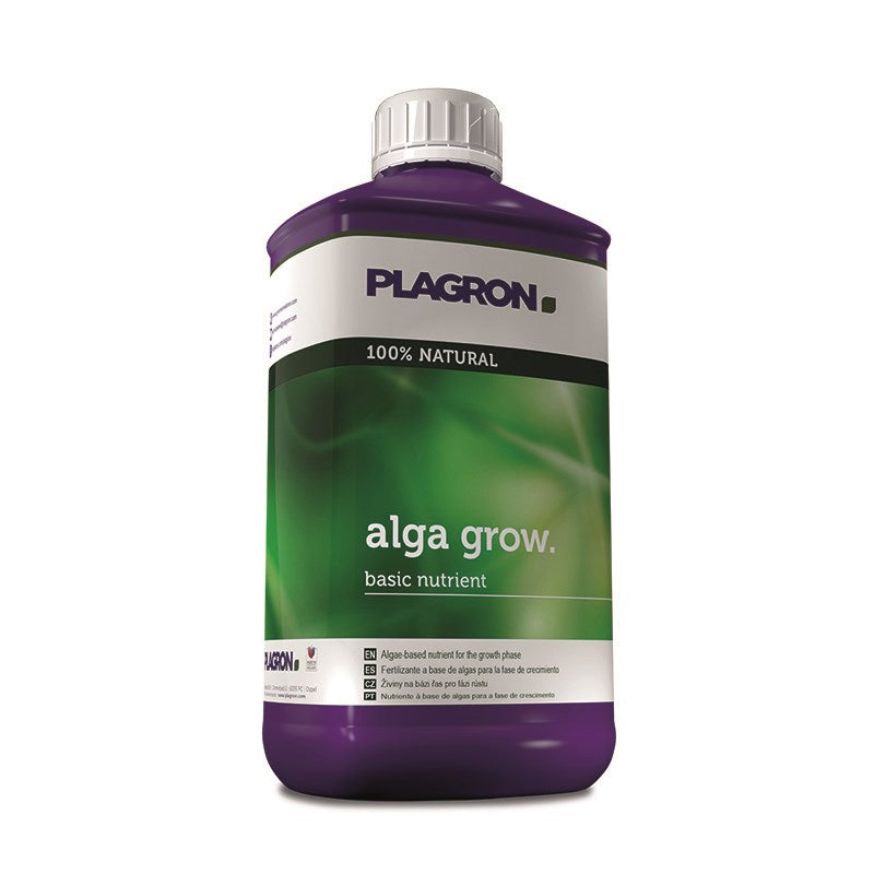 Plagron Alga Grow liquid nutrient bottle, purple with silver cap, label and text visible.