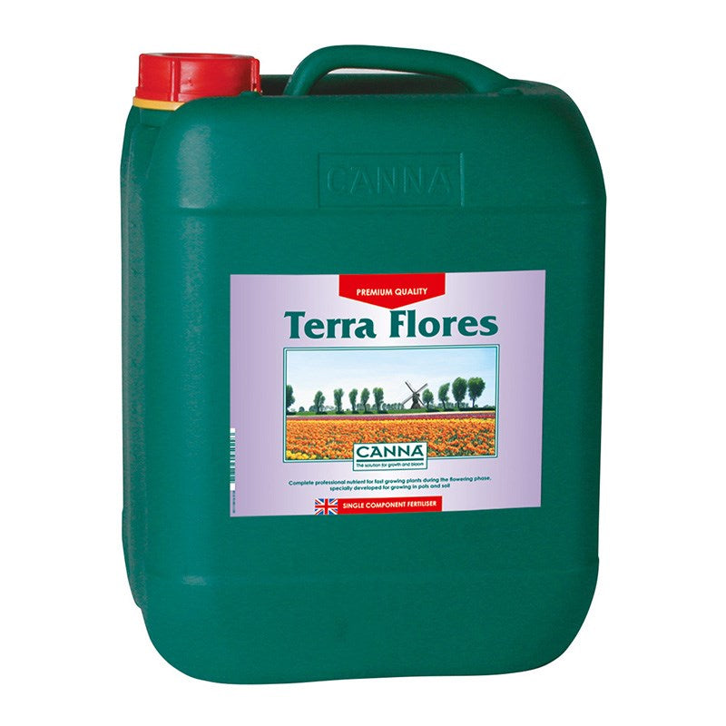 Canna Terra Flores plastic canister with red cap and Terra Flores label