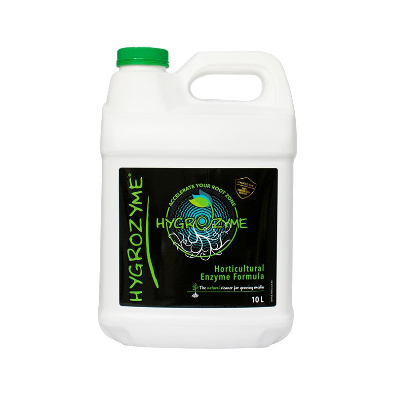 Enzyme formula jerrycan with green cap and handle, black and green label, 10 L