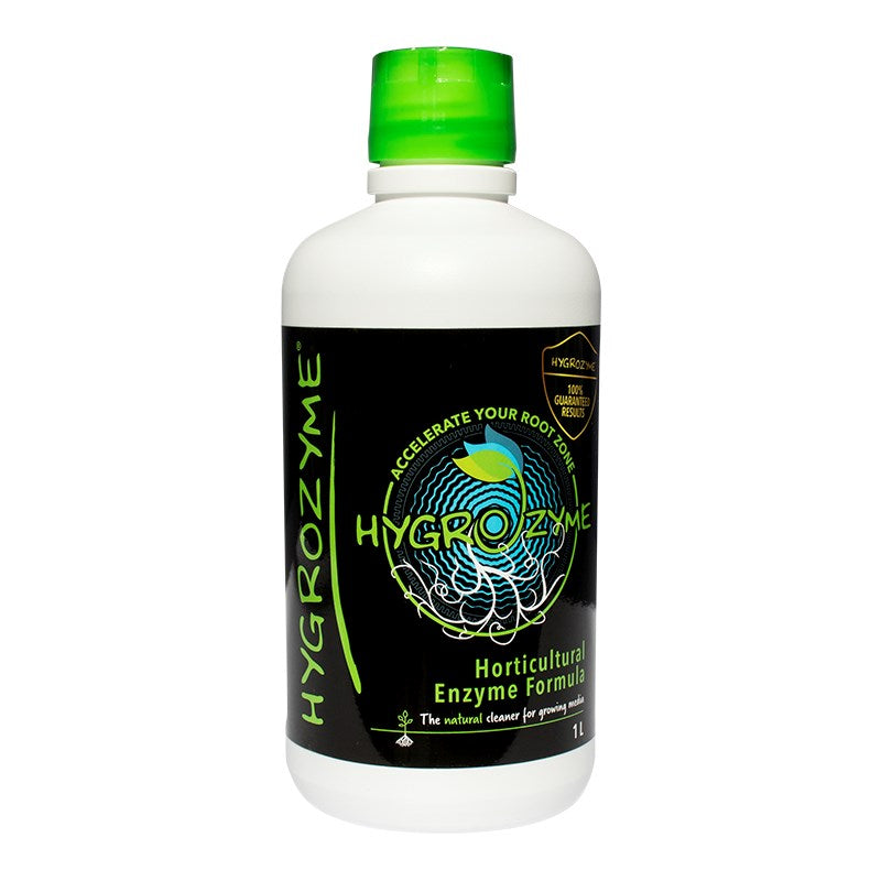 Enzyme formula bottle with green cap, black label with green root graphic