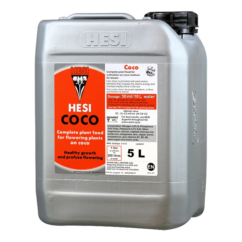 Hesi Coco plant nutrient canister, light gray with black cap, product label and size visible.