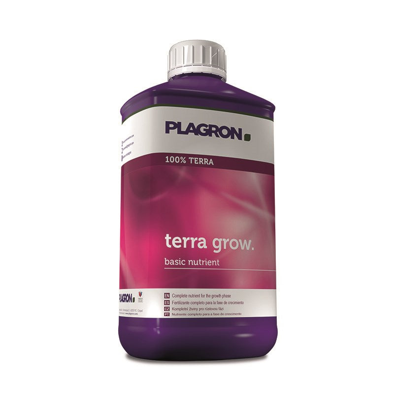 Plagron Terra Grow basic nutrient bottle, purple label and white cap