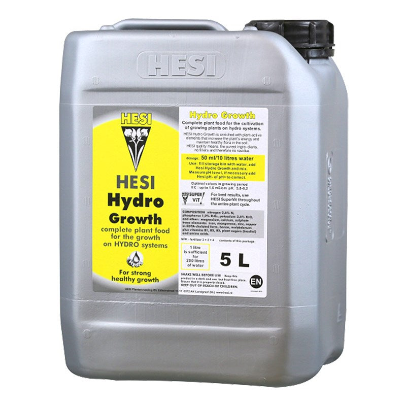 Hesi Hydro Growth 5 L jerry can front, yellow label on gray bottle