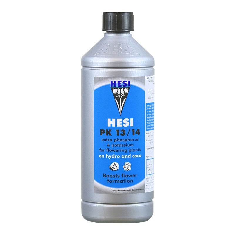 Hesi PK 13/14 plant nutrient bottle with black cap, gray label and blue front panel