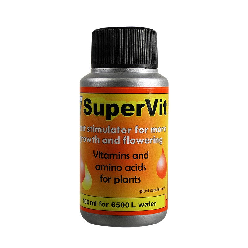 SuperVit plant supplement bottle with black cap, orange-yellow label, 100 ml