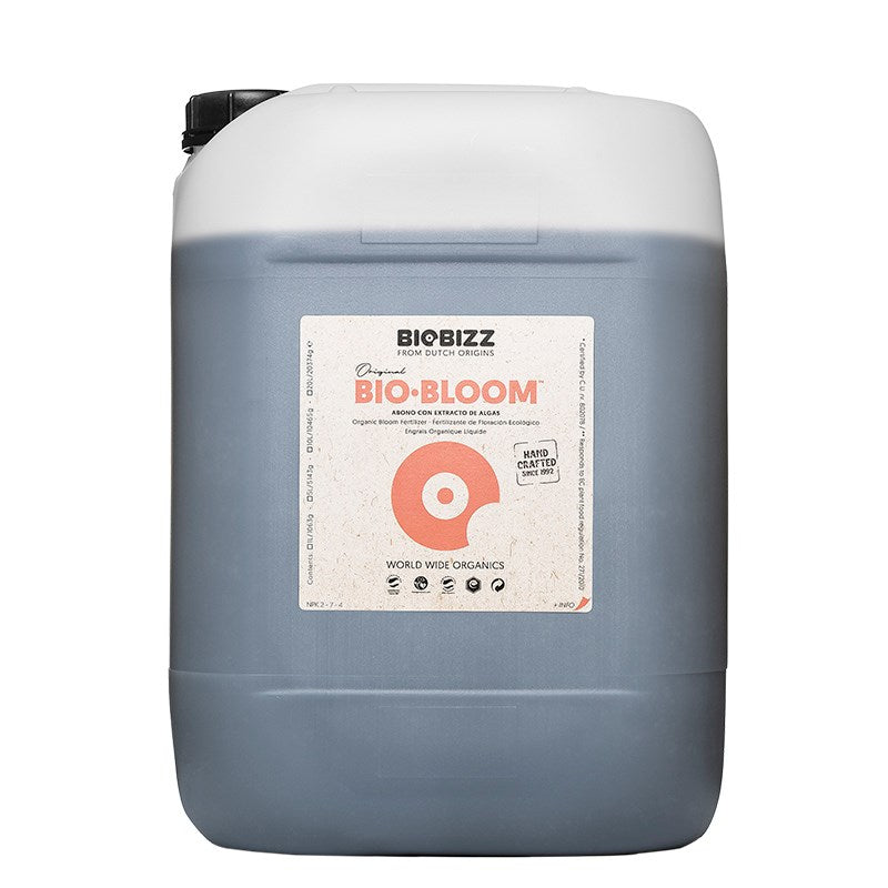 Biobizz liquid fertilizer jug with front label, beige card and orange Bio-Bloom logo