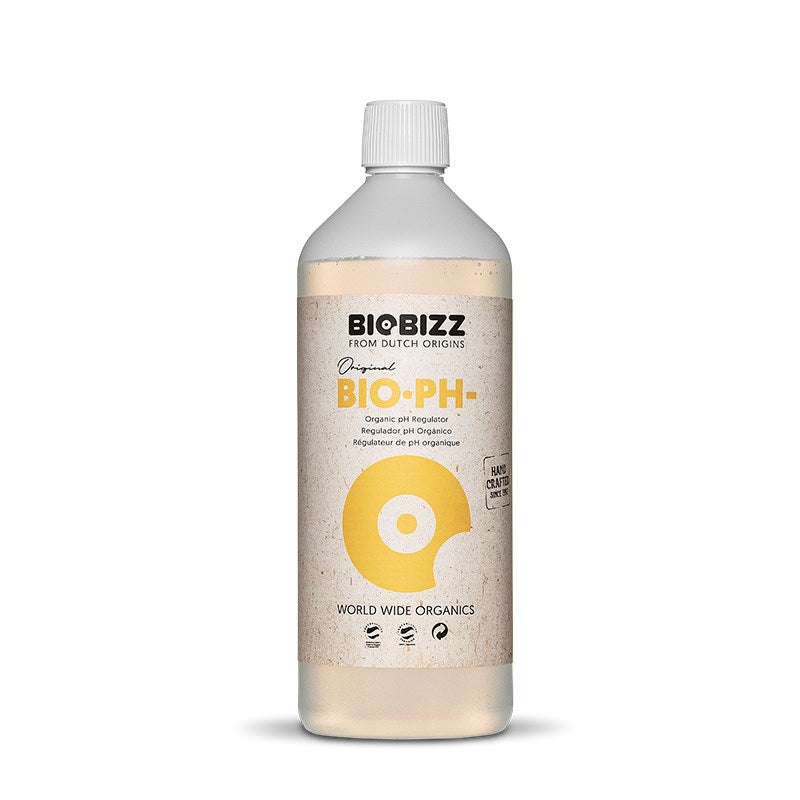BioBizz Bio-PH- liquid bottle with white ribbed cap and beige label with yellow logo