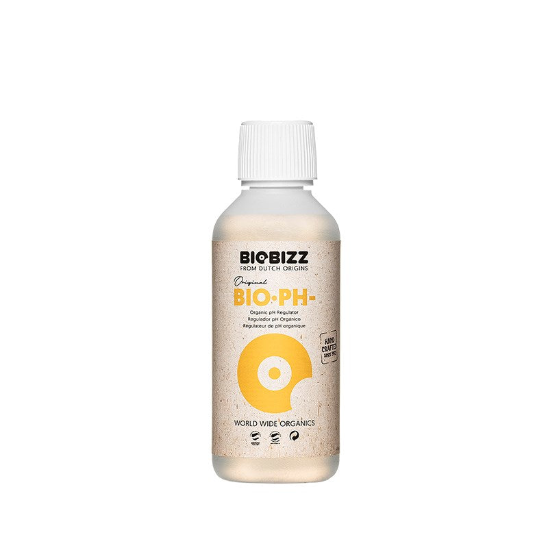 BioBizz Bio-PH- liquid bottle with beige label, frosted clear plastic and white cap
