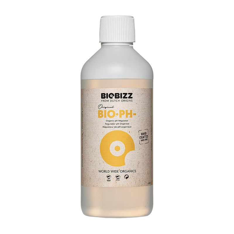 BioBizz Bio-PH- bottle with beige label on frosted clear plastic, white ribbed cap