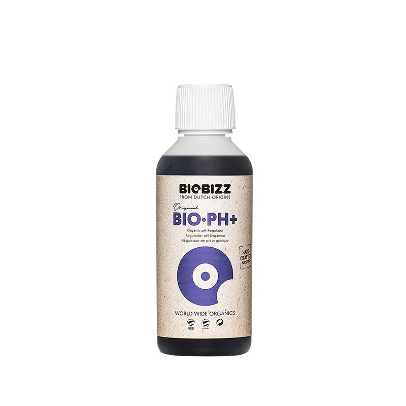 Biobizz BIO•PH+ pH up bottle with ribbed white cap and beige label