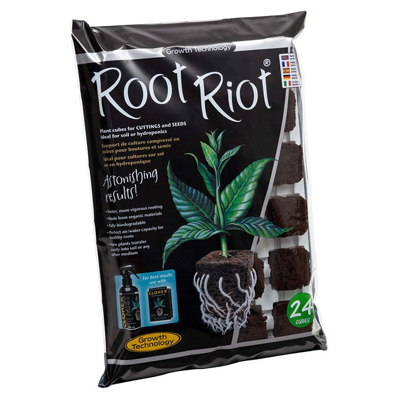 Root Riot seed starting kit pouch with plant artwork and dark grow cubes