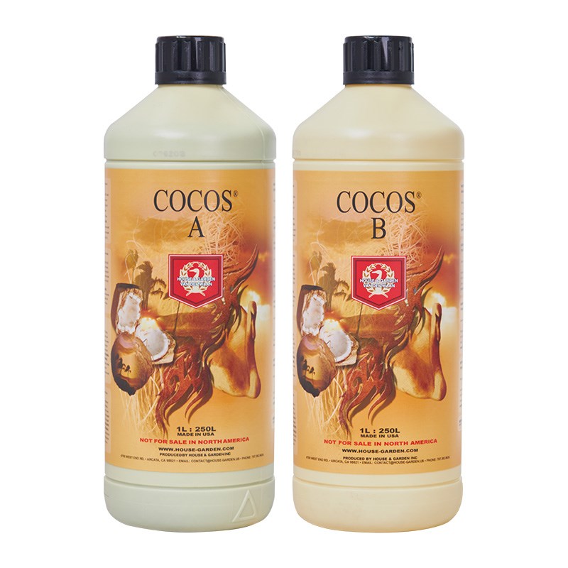 COCOS Coco A and Coco B nutrient solution bottles, 1L, with black caps