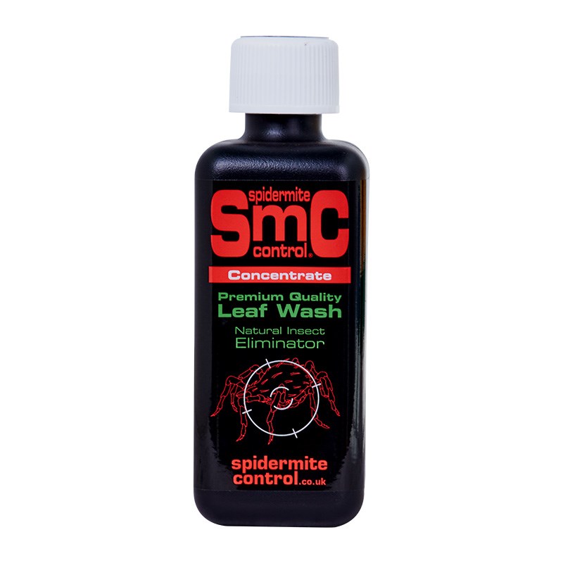 SMC spidermite leaf wash concentrate, dark bottle with white flip cap
