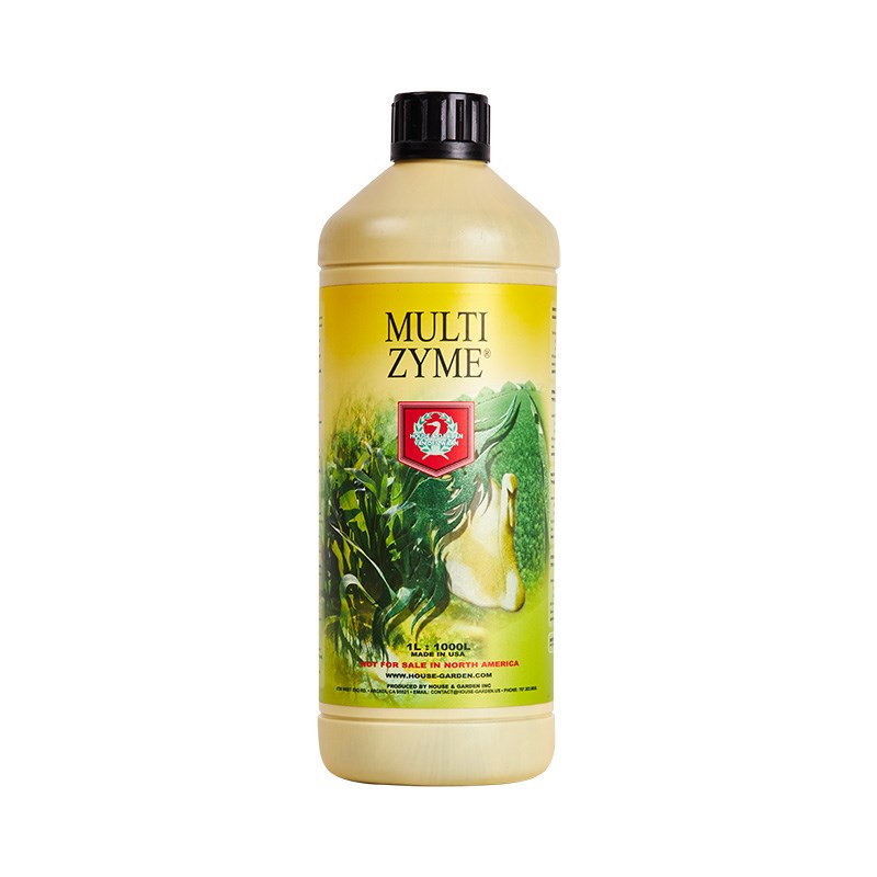 Enzyme cleaner bottle with black cap, yellow front label and green leaf artwork