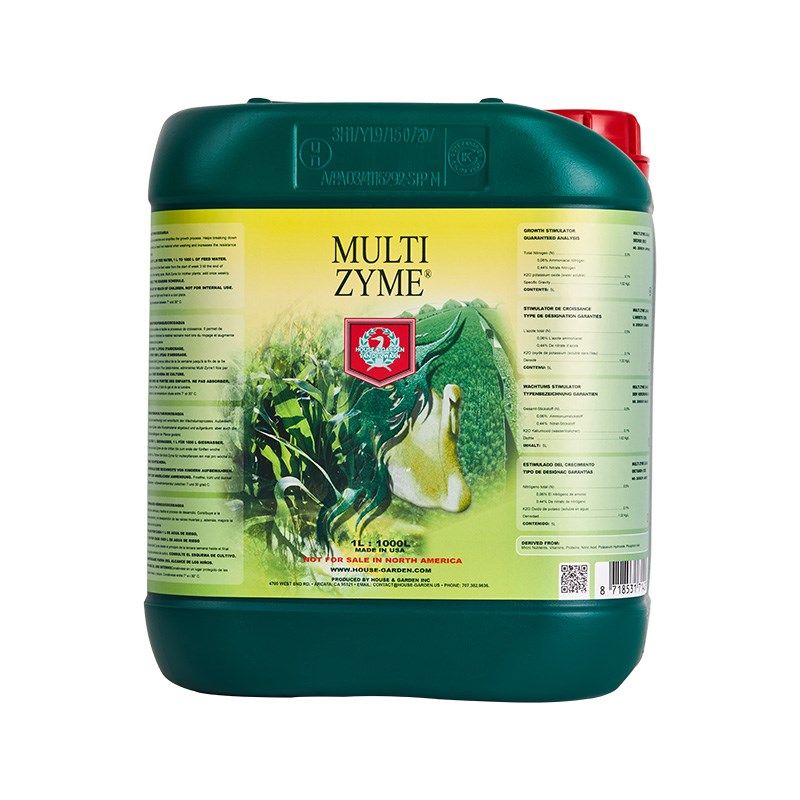 Enzyme cleaner jug with green cap, yellow label and multiple side text panels