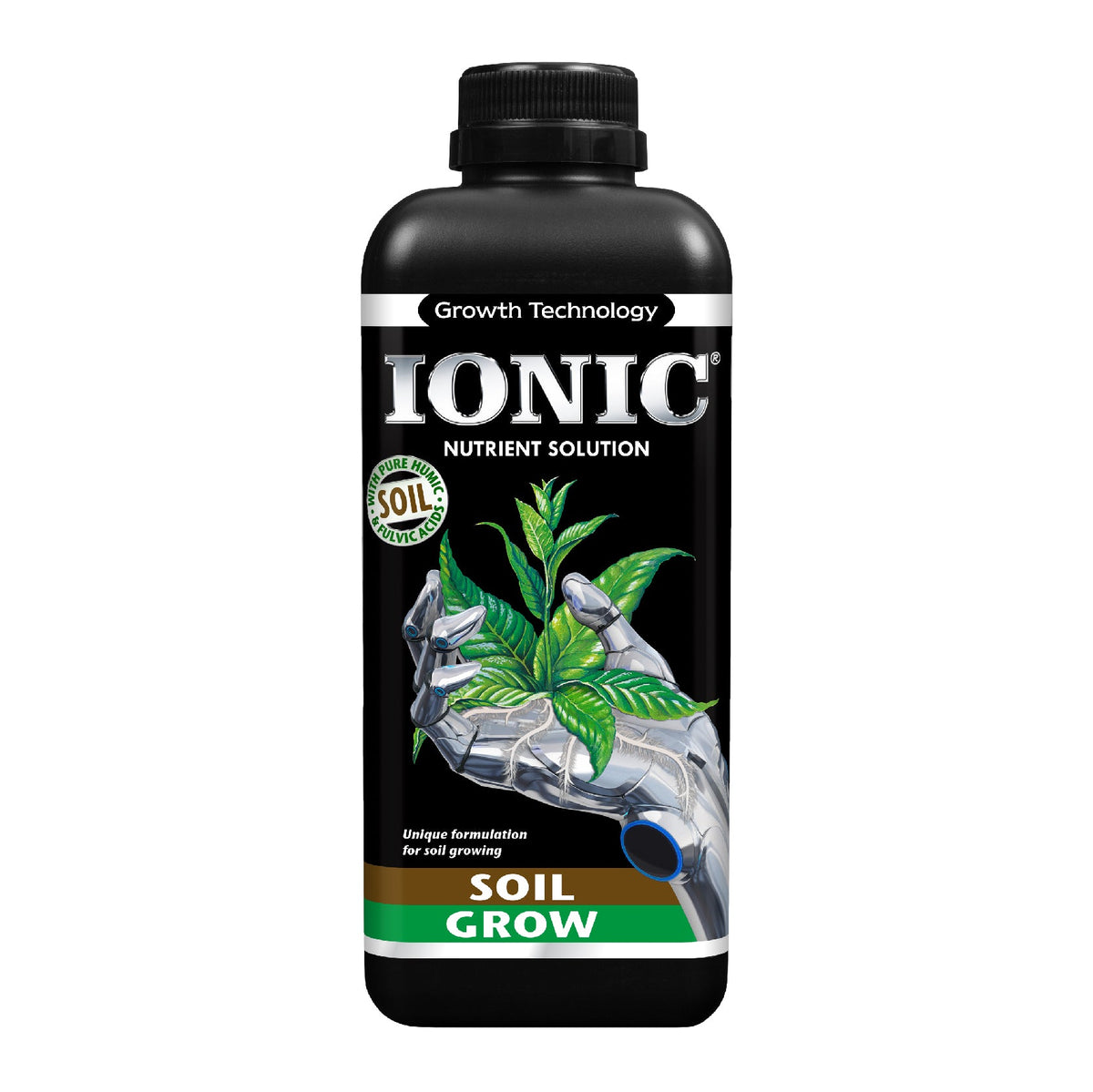 IONIC soil nutrient solution bottle, black cap; label shows plant and droplets