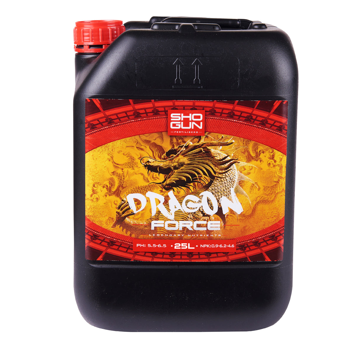 Black 25L liquid container with red cap and Dragon Force label with gold dragon artwork