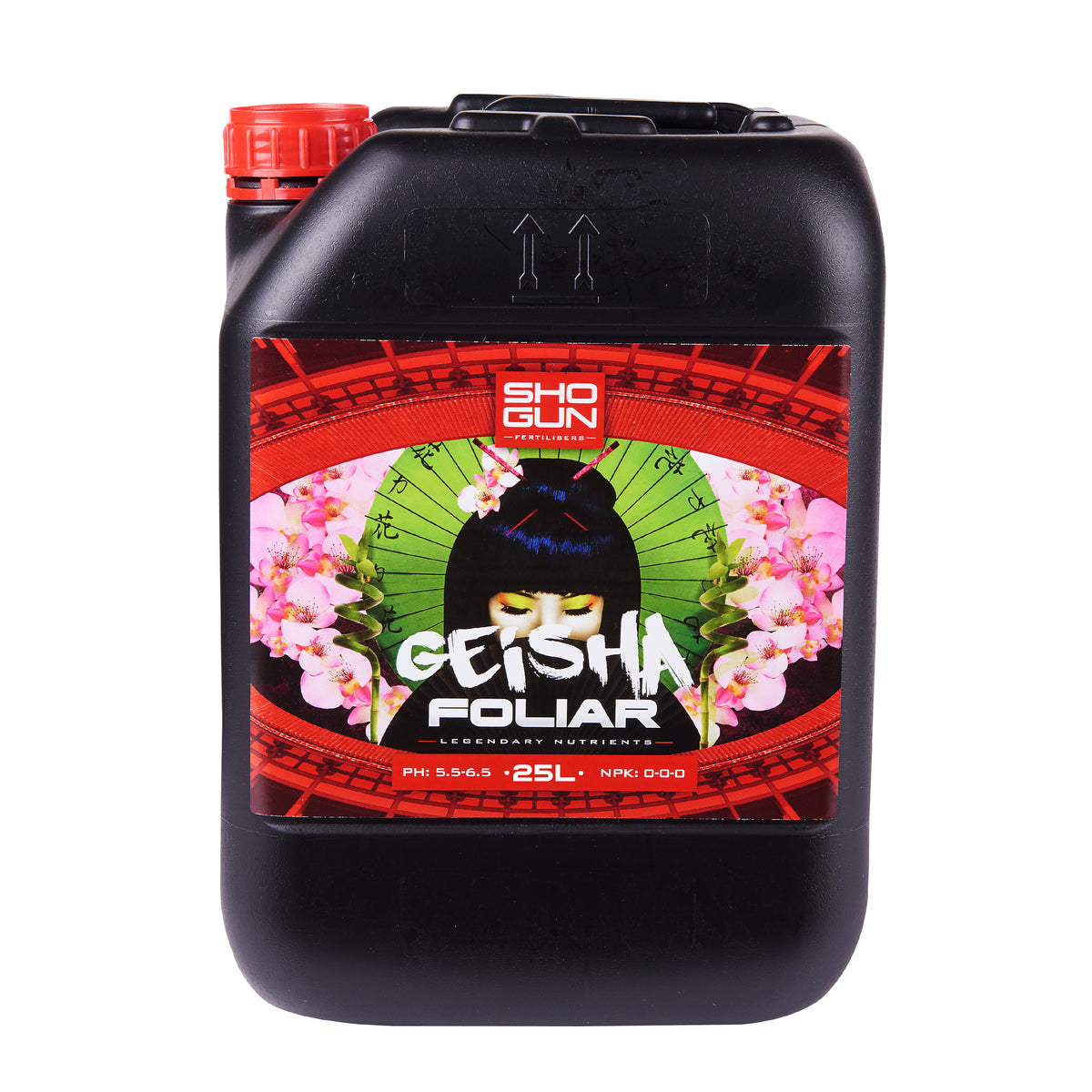 Black liquid fertilizer jug with red cap, 25L foliar label