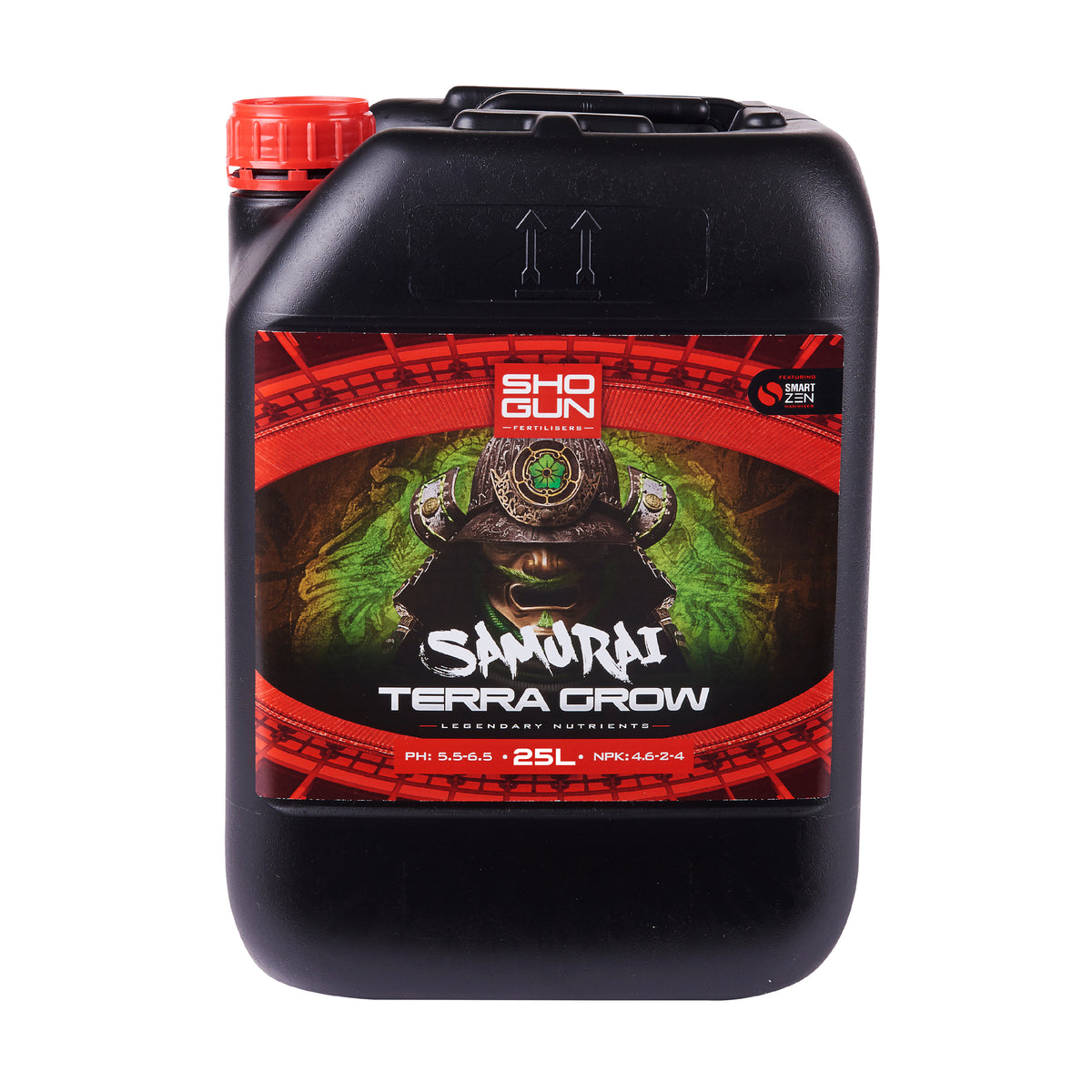 SHOGUN Samurai Terra Grow nutrient jug, black with red cap, 25L front label