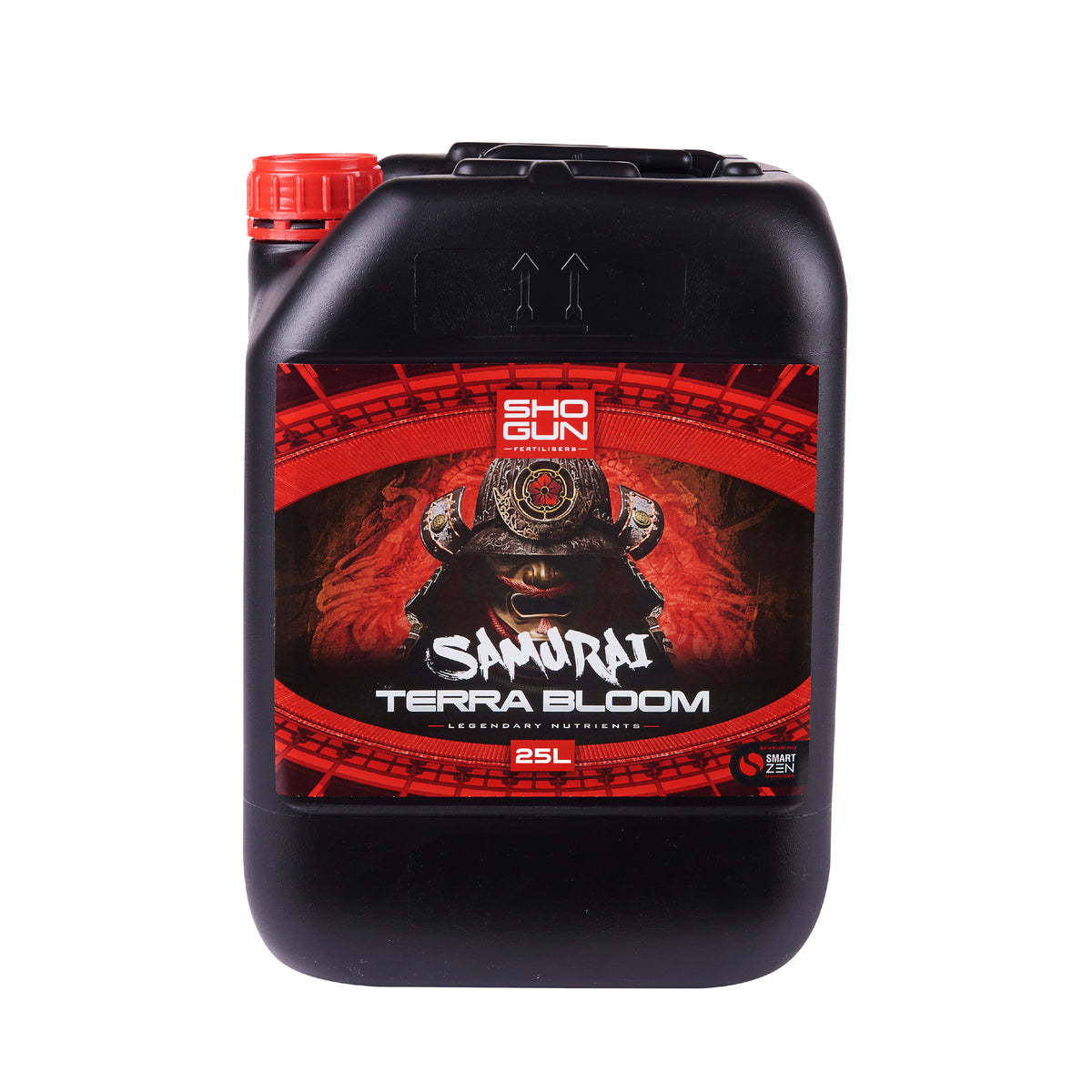 Terra Bloom canister with red cap, Samurai Terra Bloom label, 25 L, small side emblem