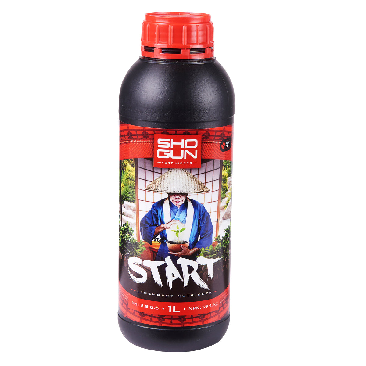 Black sports nutrition bottle with red screw cap and START label