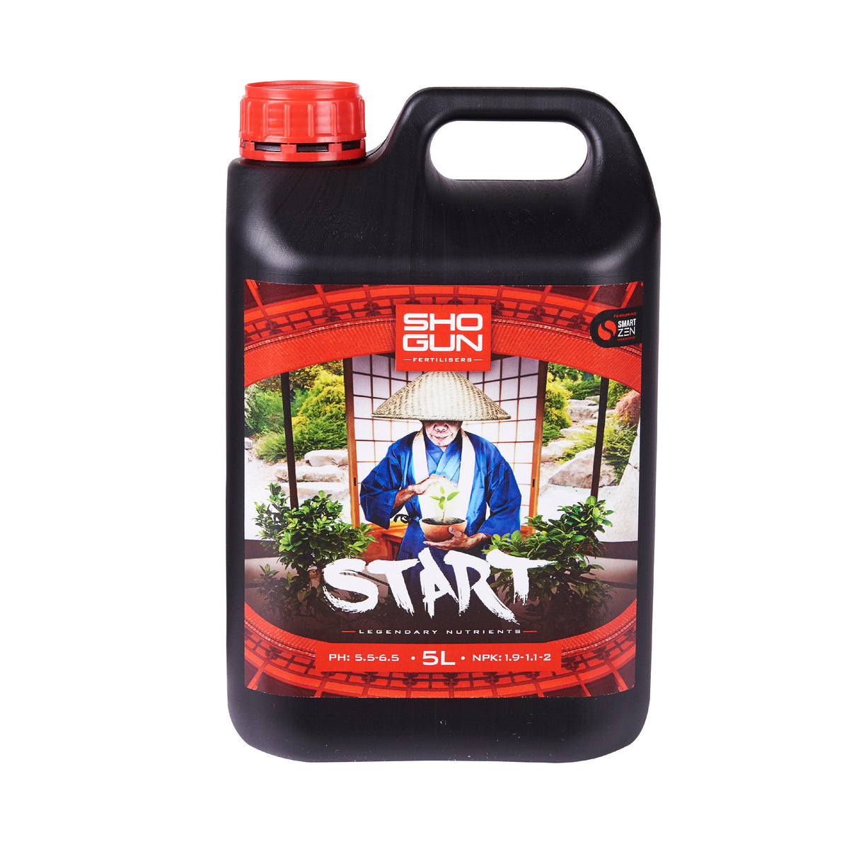 Black sports nutrition jug with red cap, carry handle, and START label