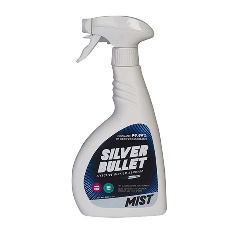Trigger spray cleaner bottle with white mist; blue-and-black product label