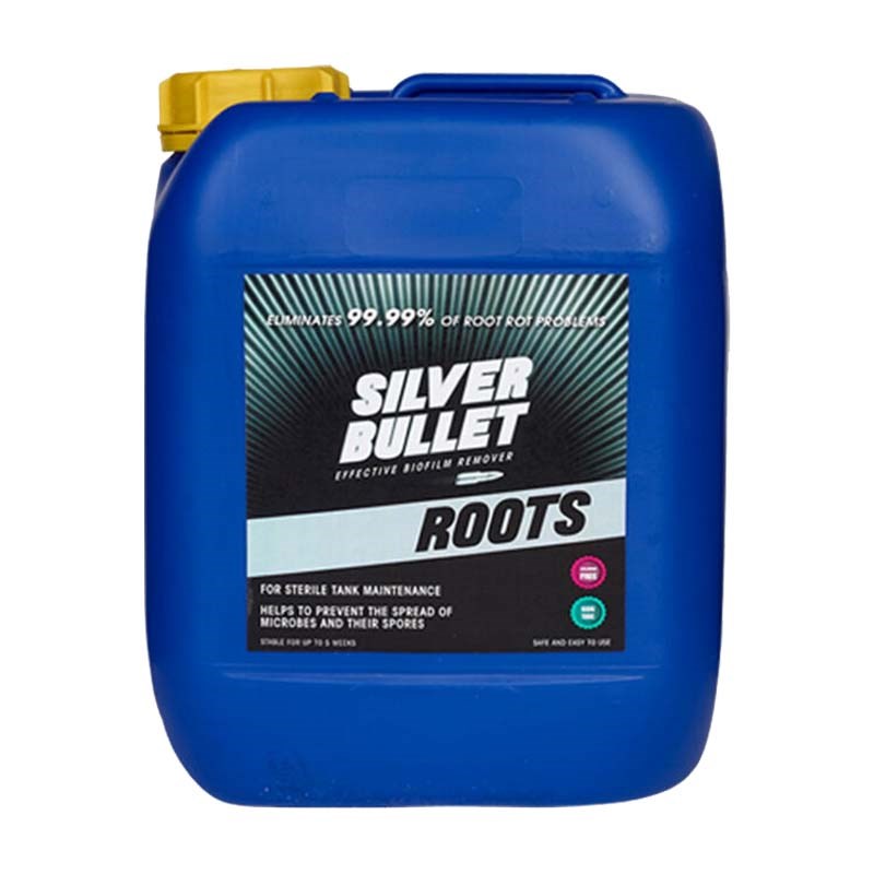 Blue jug of root biofilm remover with blue handle and yellow cap