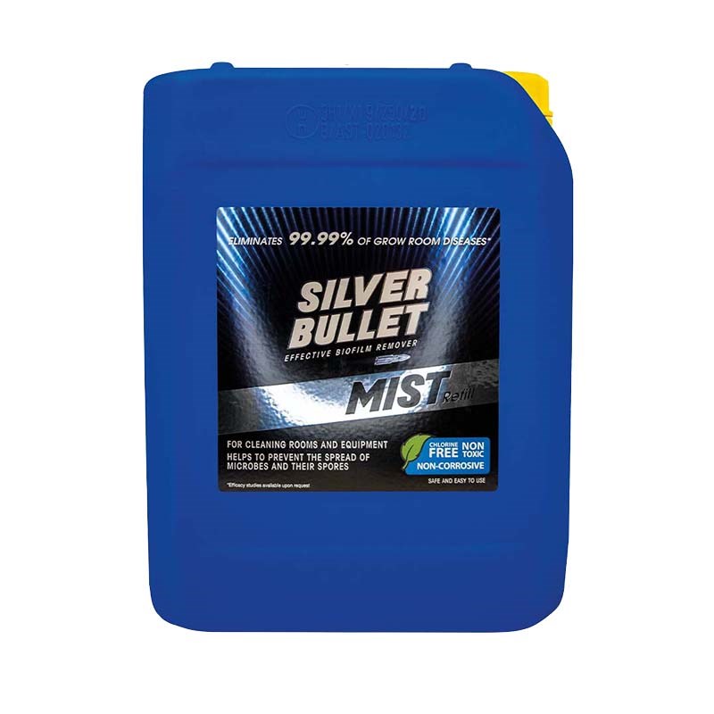 Blue plastic refill jug with yellow cap; mist cleaner label, front view