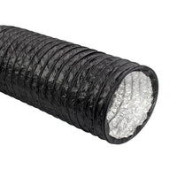 Black insulated flexible ducting with corrugated outer jacket and silver inner liner, round end.