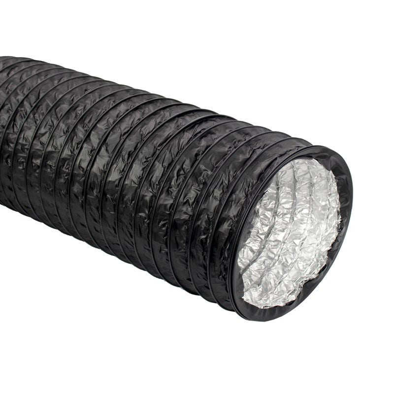 Black textured flexible duct with silver inner insulation lining, round outlet end.