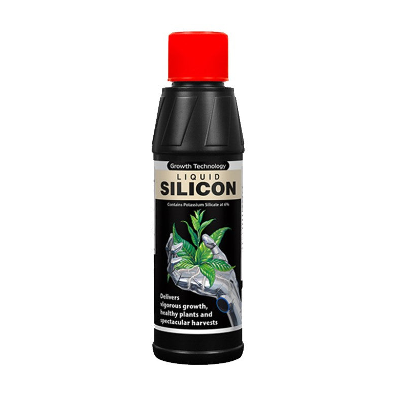 Black liquid silicon bottle with red cap, front label and plant graphic