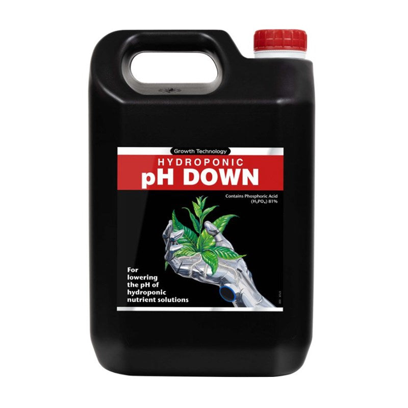 Growth Technology Hydroponic pH Down jerrycan, black container with red cap and label